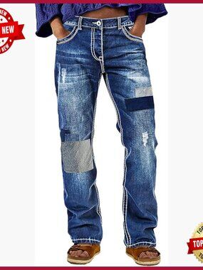 Mid Rise Straight Leg Jeans with Ripped Patched Details and Pockets